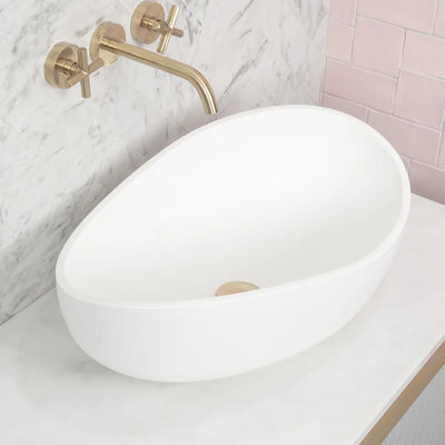 Poseidon Wave Oval 600mm Artificial Stone Above Counter Basin Non Overflow Matte White - Sydney Home Centre