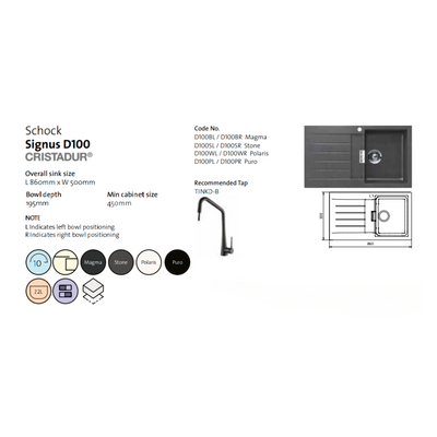 Schock Signus Single Left Hand Bowl & Drainer Sink 1TH Magma