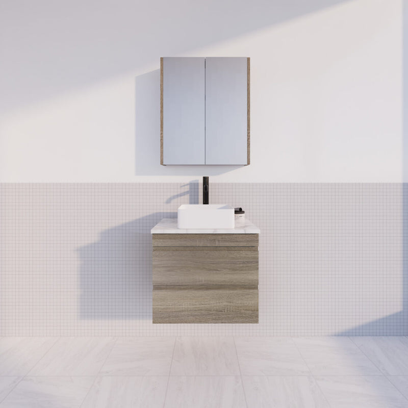 Viva ABS DF 600mm Dark Oak Single Bowl Wall Hung Vanity (Volvo Polymarble Top) - Sydney Home Centre