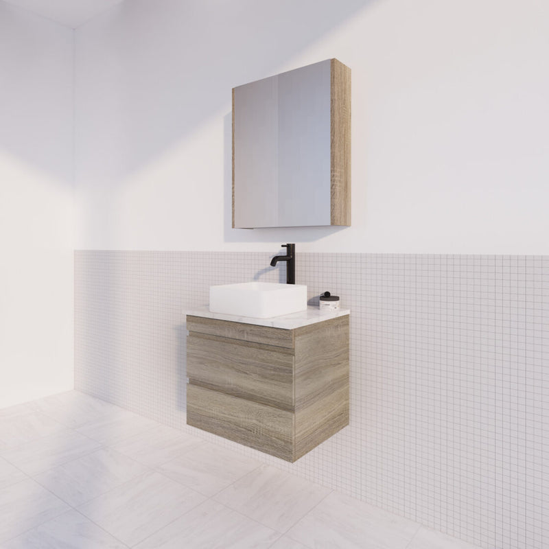 Viva ABS DF 600mm Dark Oak Single Bowl Wall Hung Vanity (Volvo Polymarble Top) - Sydney Home Centre