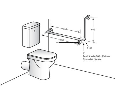 Dolphy 90° Flush Mount Side Wall Left Hand Grab Rail 950x600mm Silver