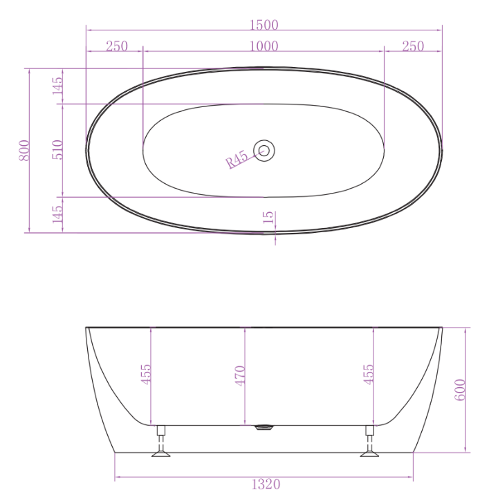 Riva Delta Super Slim Edge Oval 1500mm Freestanding Bathtub Matte White - Sydney Home Centre