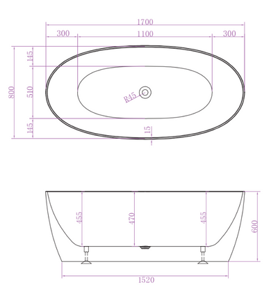 Riva Delta Super Slim Edge Oval 1700mm Freestanding Bathtub Matte White - Sydney Home Centre