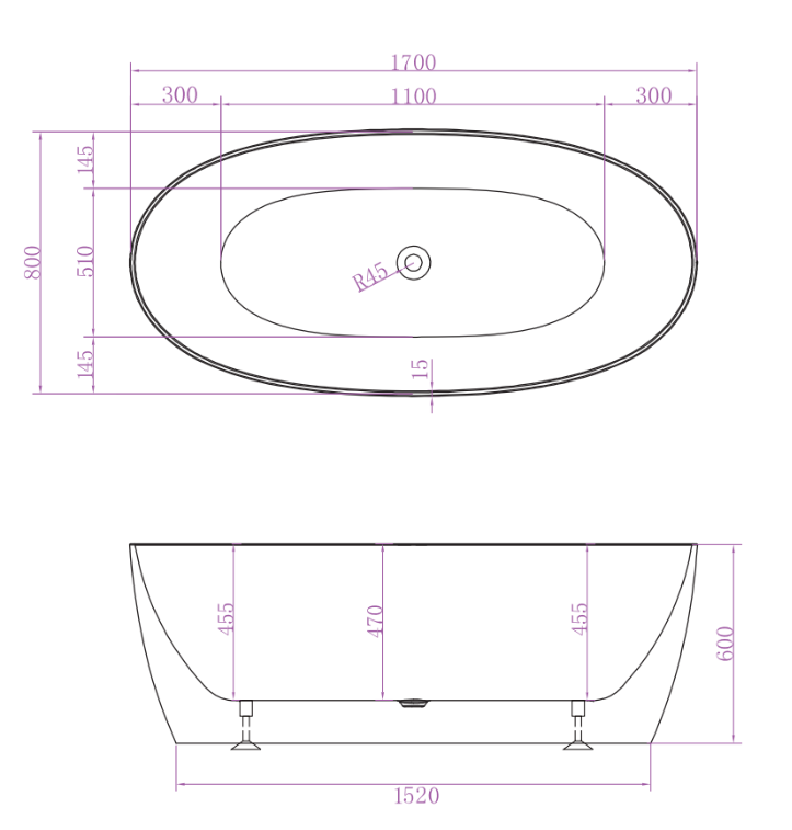 Riva Delta Super Slim Edge Oval 1700mm Freestanding Bathtub Matte White - Sydney Home Centre