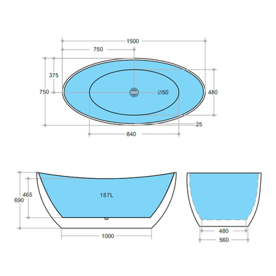 Poseidon Evie Free Standing 1500mm Gloss White Bathtub - Sydney Home Centre