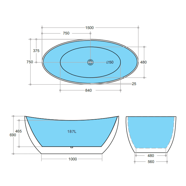 Poseidon Elivia Free Standing 1500mm Matte Black & White Bathtub - Sydney Home Centre