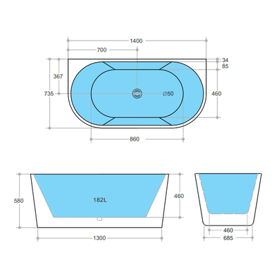 Poseidon Elivia Back To Wall 1400mm Matte Black & White Bathtub - Sydney Home Centre