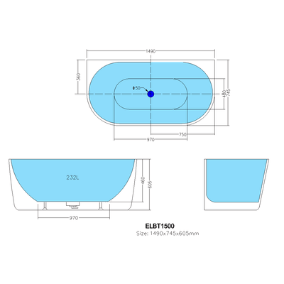 Poseidon Elivia Back To Wall 1490mm Bathtub with Overflow - Sydney Home Centre