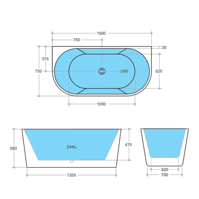 Poseidon Elivia Back To Wall 1500mm Gloss Black And White Bathtub - Sydney Home Centre