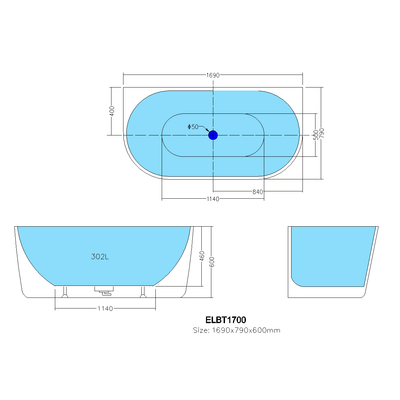 Poseidon Elivia Back To Wall 1690mm Bathtub with Overflow - Sydney Home Centre