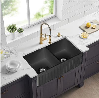 Ceto Greenwich Fireclay Farmhouse 828mm Double Bowl Sink Matte Black - Sydney Home Centre