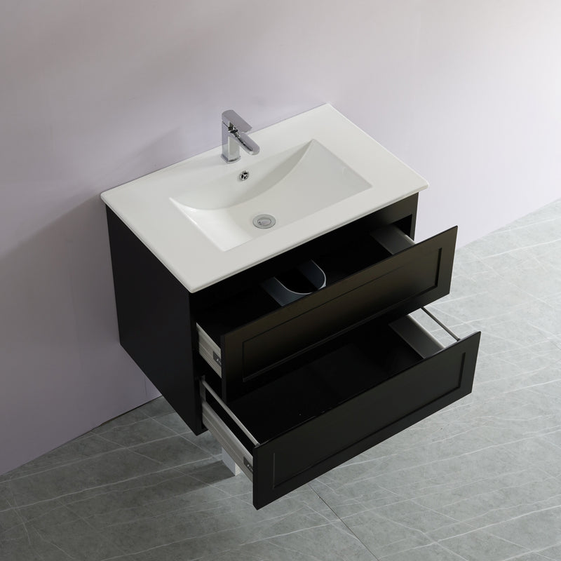 Ceto Fremantle 750mm Double Drawer Wall Hung Vanity Matte Black (Quartz Stone Top) - Sydney Home Centre