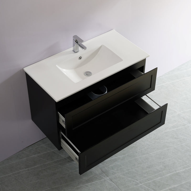 Ceto Fremantle 900mm Double Drawer Wall Hung Vanity Matte Black (Quartz Stone Top) - Sydney Home Centre