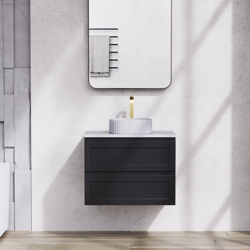 Ceto Fremantle 750mm Double Drawer Wall Hung Vanity Matte Black (Marble Stone Top) - Sydney Home Centre