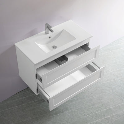 Ceto Fremantle 900mm Double Drawer Wall Hung Vanity Matte White (Quartz Stone Top) - Sydney Home Centre