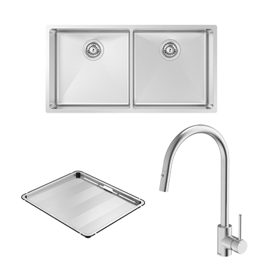 Alfresco 400 Double Bowl Sink Stainless Steel with Drain Tray & KTA037-316-BR Kitchen Mixer