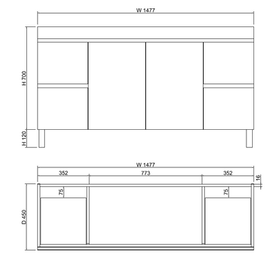 Viva ABS DFL2 1500mm Dark Oak Double Bowl With Legs Freestanding Vanity (Volvo Polymarble Top) - Sydney Home Centre