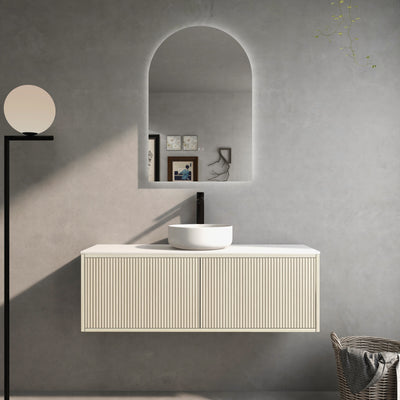 Ceto Bellevue 1200mm Right Hand Drawer Wall Hung Vanity Coastal Oak (Quartz Stone Top) - Sydney Home Centre