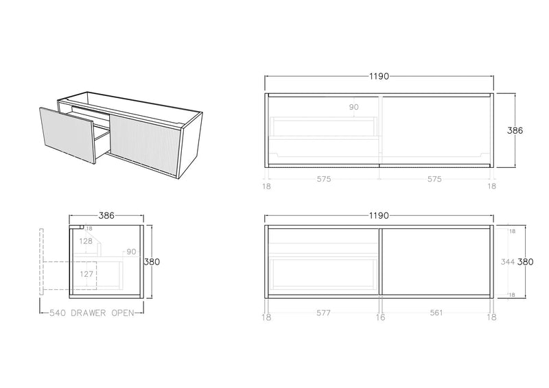 Ceto Bellevue Ensuite Slim 1200mm Left Hand Drawer Wall Hung Cabinet Prime Oak (Quartz Stone Top) - Sydney Home Centre