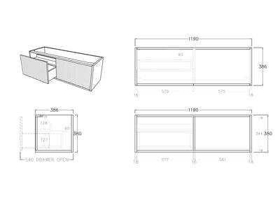 Ceto Bellevue Ensuite Slim 1200mm Left Hand Drawer Wall Hung Cabinet Coastal Oak (Marble Stone Top) - Sydney Home Centre