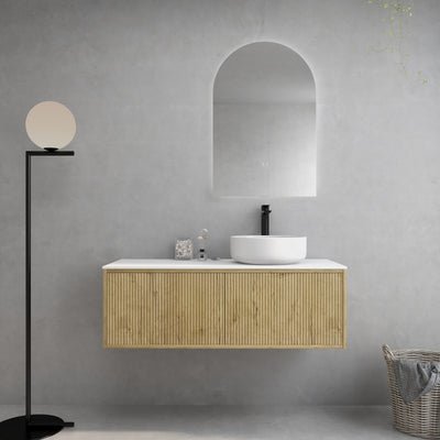 Ceto Bellevue Ensuite Slim 1200mm Left Hand Drawer Wall Hung Cabinet Prime Oak (Quartz Stone Top) - Sydney Home Centre