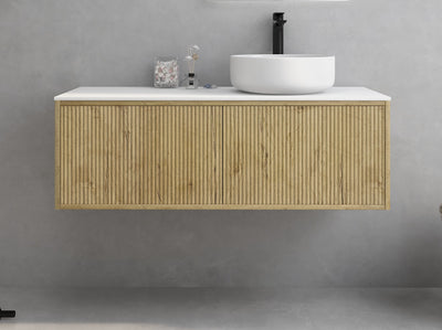 Ceto Bellevue Ensuite Slim 1200mm Left Hand Drawer Wall Hung Cabinet Prime Oak (Quartz Stone Top) - Sydney Home Centre