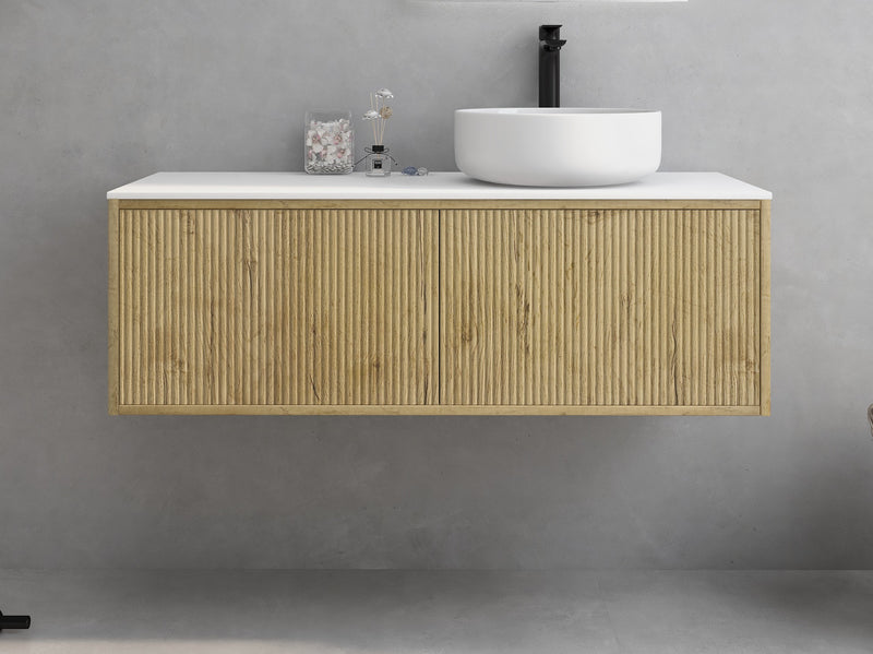 Ceto Bellevue Ensuite Slim 1200mm Left Hand Drawer Wall Hung Cabinet Prime Oak (Quartz Stone Top) - Sydney Home Centre