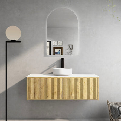 Ceto Bellevue 1200mm Left Hand Drawer Wall Hung Vanity Prime Oak (Quartz Stone Top) - Sydney Home Centre