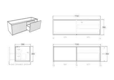 Ceto Bellevue Ensuite Slim 1200mm Right Hand Drawer Wall Hung Cabinet Coastal Oak (Quartz Stone Top) - Sydney Home Centre