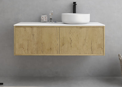 Ceto Bellevue Ensuite Slim 1200mm Right Hand Drawer Wall Hung Cabinet Prime Oak (Marble Stone Top) - Sydney Home Centre