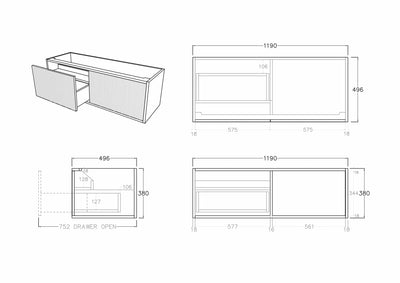 Ceto Bellevue 1200mm Left Hand Drawer Wall Hung Vanity Coastal Oak (Quartz Stone Top) - Sydney Home Centre