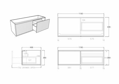 Ceto Bellevue 1200mm Right Hand Drawer Wall Hung Vanity Prime Oak (Quartz Stone Top) - Sydney Home Centre