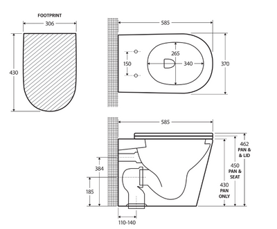 Aluca Wall-Faced Toilet Suite Slim Seat S-Trap Gloss White - Pan + Seat + R&T In-Wall Cistern - Sydney Home Centre