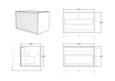 Ceto Bellevue Ensuite Slim 600mm Wall Hung Cabinet Prime Oak (Marble Stone Top) - Sydney Home Centre