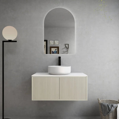 Ceto Bellevue 900mm Right Hand Drawer Wall Hung Vanity Coastal Oak (Quartz Stone Top) - Sydney Home Centre