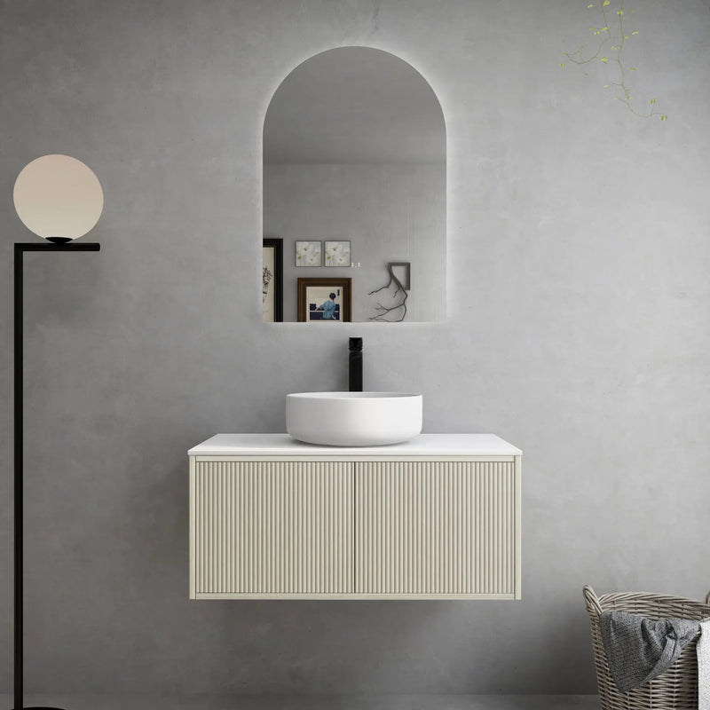 Ceto Bellevue 900mm Right Hand Drawer Wall Hung Vanity Coastal Oak (Marble Stone Top) - Sydney Home Centre