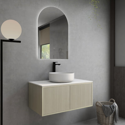 Ceto Bellevue 900mm Right Hand Drawer Wall Hung Vanity Coastal Oak (Marble Stone Top) - Sydney Home Centre