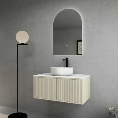 Ceto Bellevue 900mm Right Hand Drawer Wall Hung Vanity Coastal Oak (Quartz Stone Top) - Sydney Home Centre