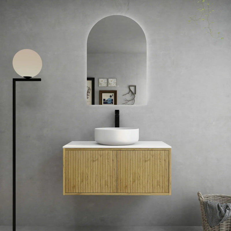 Ceto Bellevue 900mm Left Hand Drawer Wall Hung Vanity Prime Oak (Marble Stone Top) - Sydney Home Centre