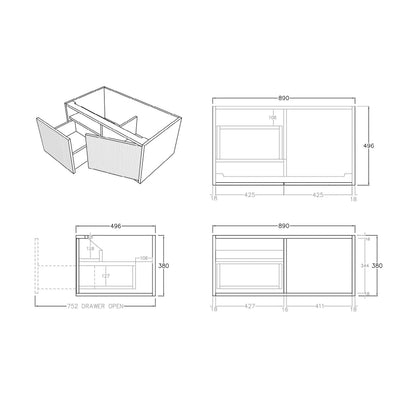 Ceto Bellevue 900mm Left Hand Drawer Wall Hung Vanity Prime Oak (Cabinet Only) - Sydney Home Centre