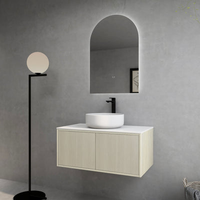 Ceto Bellevue 900mm Left Hand Drawer Wall Hung Vanity Coastal Oak (Marble Stone Top) - Sydney Home Centre