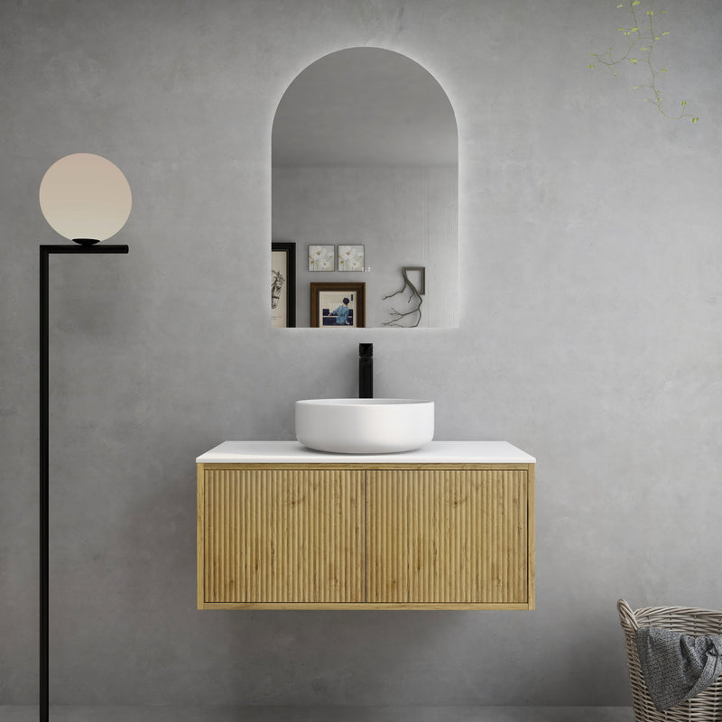 Ceto Bellevue 900mm Right Hand Drawer Wall Hung Vanity Prime Oak (Marble Stone Top) - Sydney Home Centre