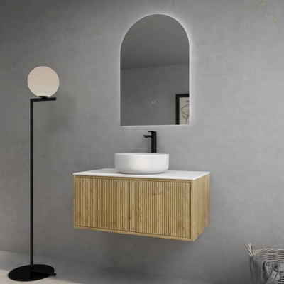 Ceto Bellevue 900mm Right Hand Drawer Wall Hung Vanity Prime Oak (Quartz Stone Top) - Sydney Home Centre