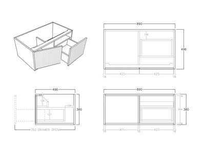 Ceto Bellevue 900mm Right Hand Drawer Wall Hung Vanity Coastal Oak (Cabinet Only) - Sydney Home Centre