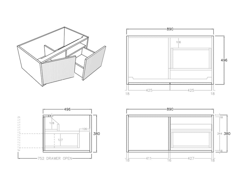 Ceto Bellevue 900mm Right Hand Drawer Wall Hung Vanity Coastal Oak (Cabinet Only) - Sydney Home Centre