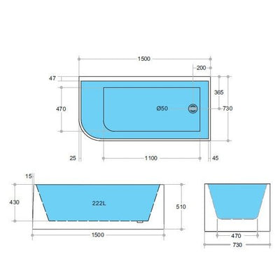 Poseidon Corner Right Corner Back To Wall 1500mm x 510mm Bathtub - Sydney Home Centre