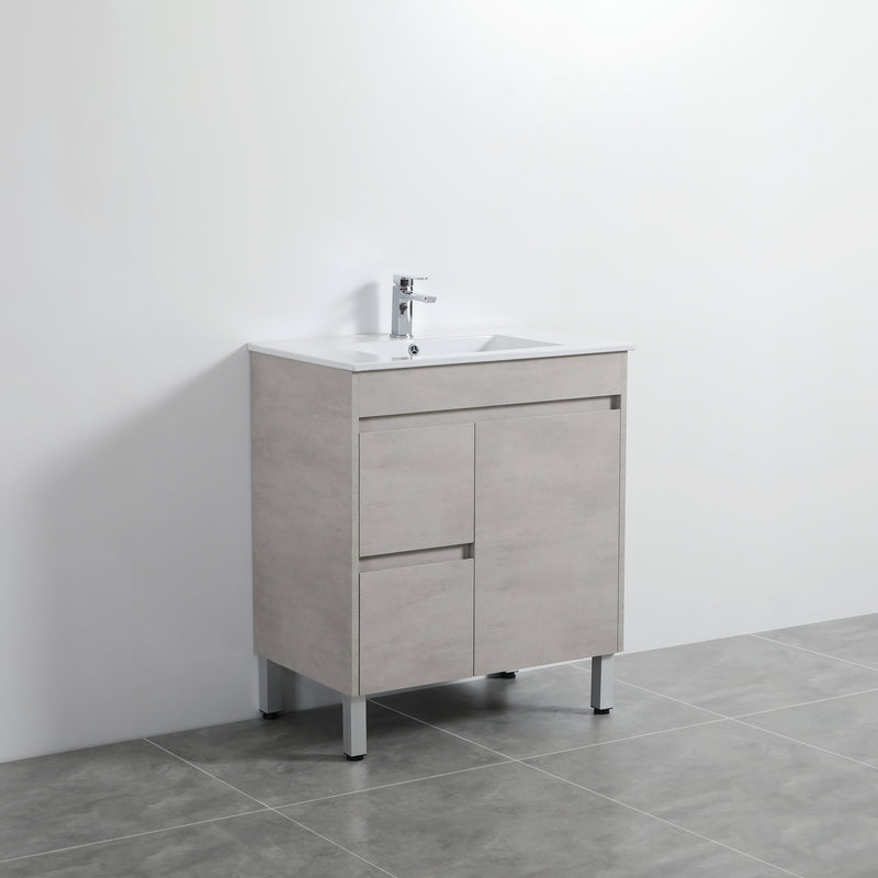 Poseidon Nova 750mm Left Hand Drawer Freestanding Vanity Concrete Grey (Ceramic Top) - Sydney Home Centre