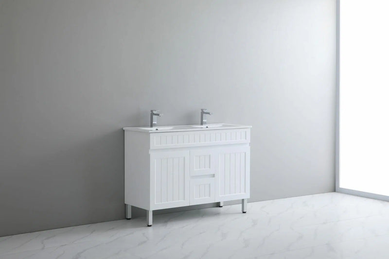 Ceto Acacia 1200mm Middle Drawer Double Bowl Freestanding Vanity Matte White (Ceramic Top) - Sydney Home Centre