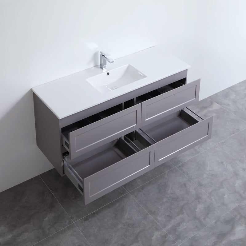 Ceto Fremantle 1500mm Four Drawer Single Bowl Wall Hung Vanity Matte Grey (Ceramic Top) - Sydney Home Centre