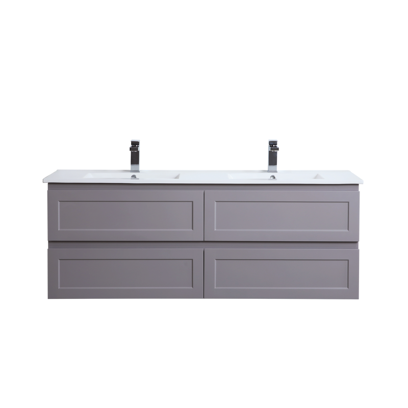 Ceto Fremantle 1500mm Four Drawer Double Bowl Wall Hung Vanity Matte Grey (Ceramic Top) - Sydney Home Centre